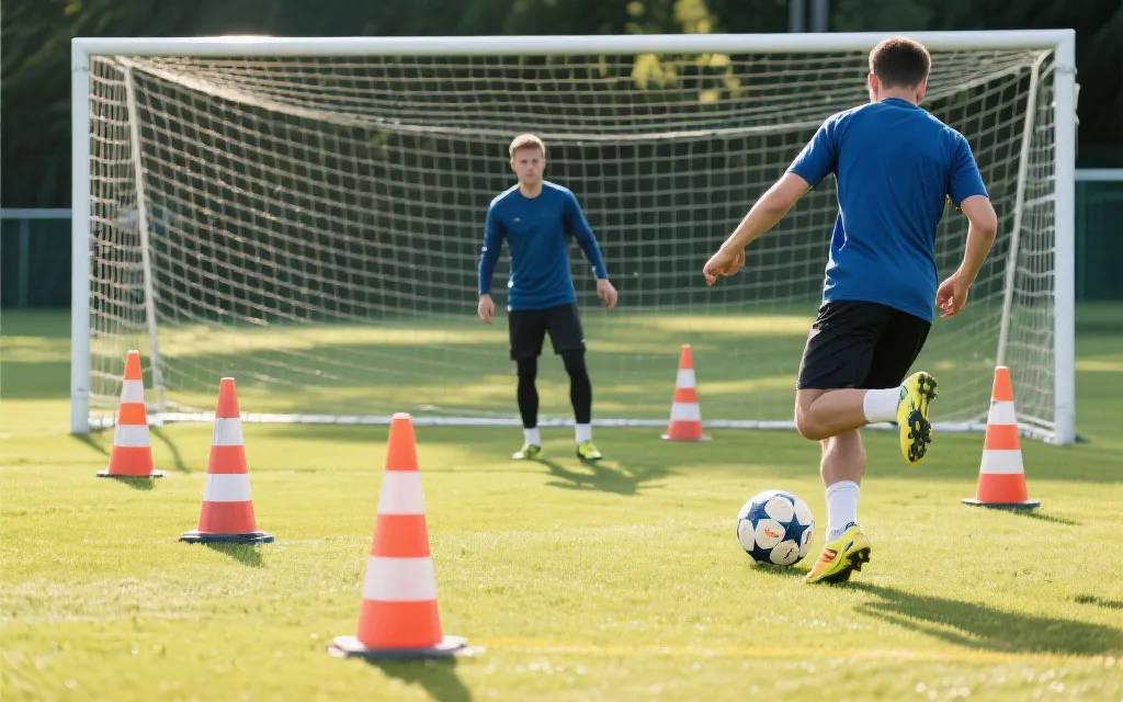 点球训练场景：锥桶划分球门目标区，球员练习内脚背推射